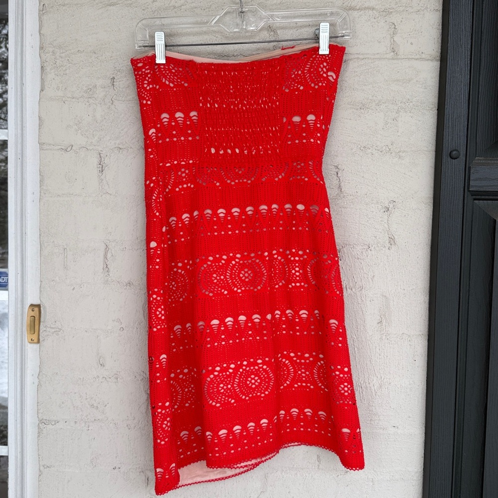 Free People Oceanside Coral Red Strapless Crochet Lace Dress Size Small - Picture 8 of 13